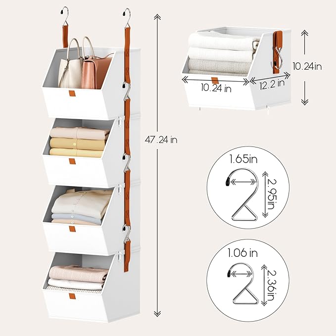 Hanging Closet Organizer 4 Tier - Clothes Hanging Shelves, Space-Saving Closet System, Fabric Storage Bins Bedroom Organization, Collapsible Baskets for Home, Dorm, Rv, White, 2 Pack