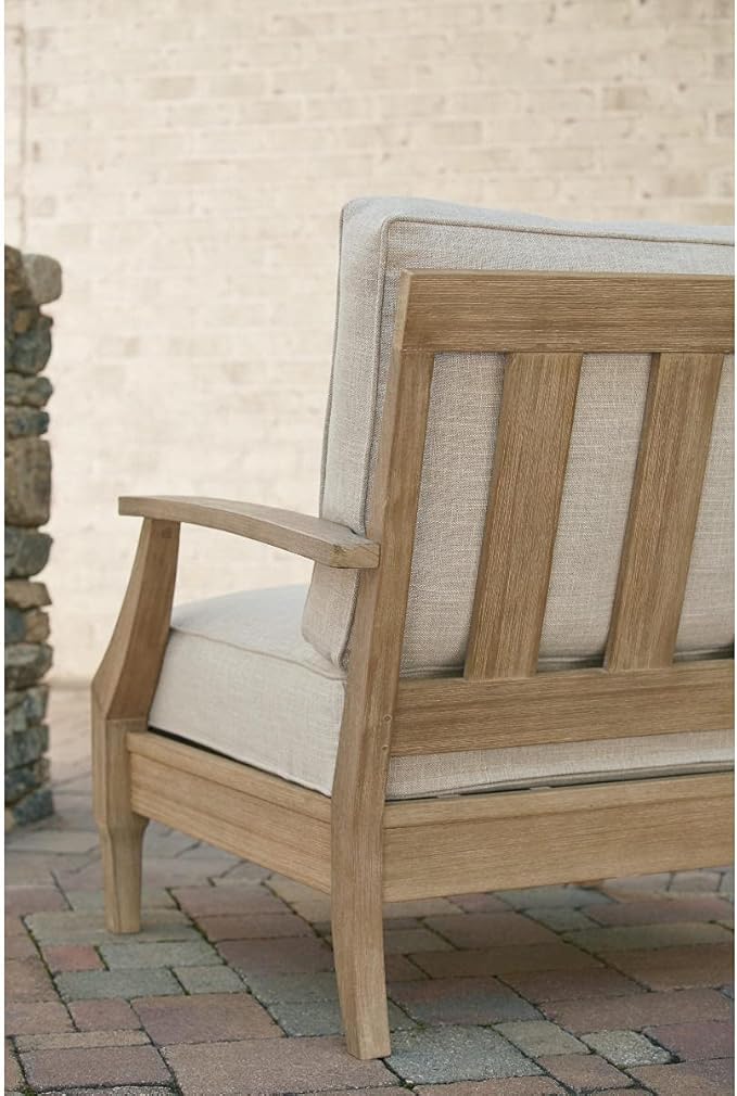 Signature Design by Ashley Clare View Outdoor Lounge Chair, All-weather Foam Cushion, Protective Finish, Eucalyptus Wood , 30" W x 35" D x 32" H, Beige
