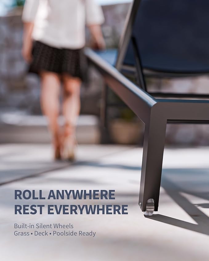 Aluminum Lounge Chairs Outdoor Chaise Furniture,2 Sets Patio Metal Deck Lounger Adjustable 5-Position Poolside Chase Recliner with Wheels for Beach,Coffee Table, (Black, 1 Chair)