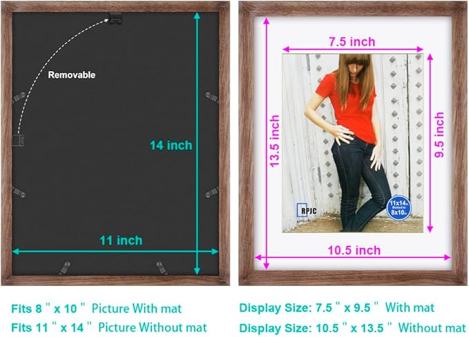 RPJC 11x14 inch Picture Frame Made of Solid Wood and High Definition Glass Display Pictures 8x10 with Mat or 11x14 Without Mat for Wall Mounting Photo Frame Driftwood Finish