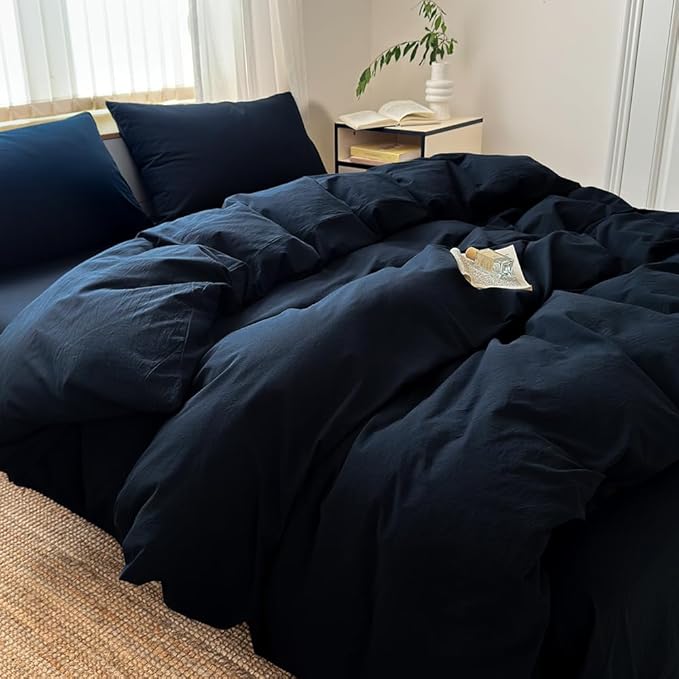 FACE TWO FACE Bedding Duvet Cover Set100% Washed Cotton Duvet Cover Linen Like Textured Breathable Durable Soft Comfy (California King, Tibetan Blue)