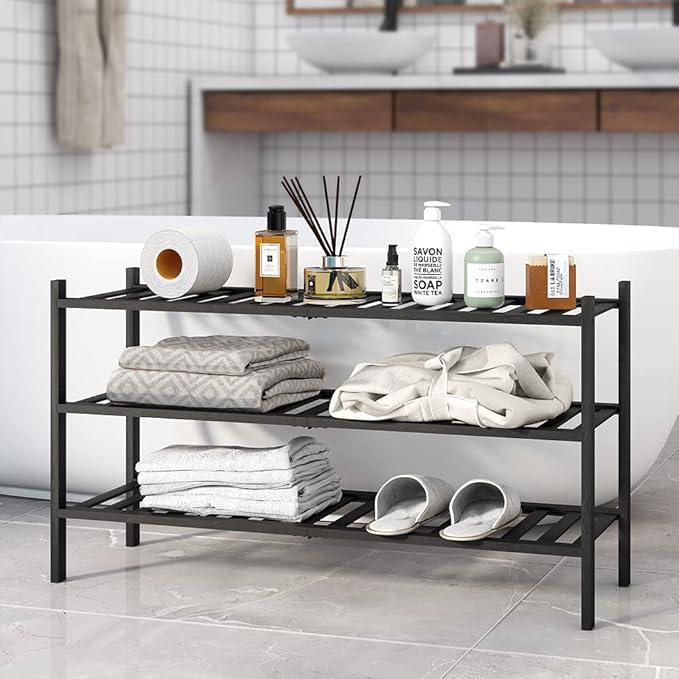 Long Shoe Rack, 3-Tier Bamboo Stackable Shoe Shelf Storage Organizer, Shoe Stand for Closet, Entryway and Hallway