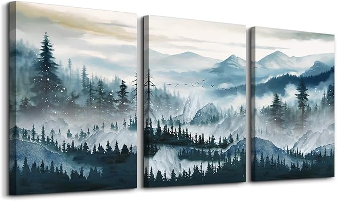 MHARTK66 Framed Wall Art For Living Room Canvas Wall Decor For Bedroom Office Decoration Fog Mountain Forest Posters Landscape Wall Painting Print Pictures Artworks Ready to Hang Home Decor 3 Piece