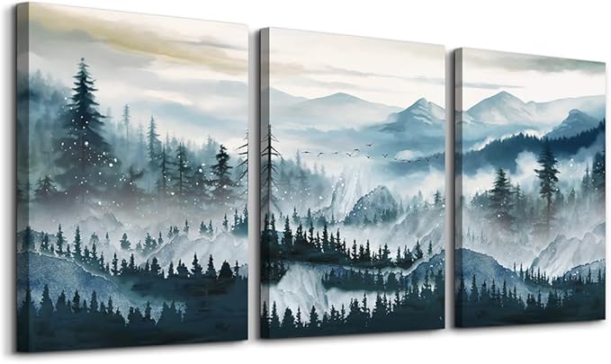 MHARTK66 Canvas Wall Art For Living Room Framed Wall Decor For Bedroom Office Decoration Fog Mountain Forest Posters Landscape Wall Painting Print Pictures Artworks Ready to Hang Home Decor 3 Piece