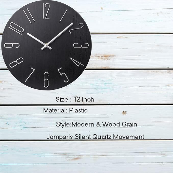 jomparis Wall Clock 12" Silent Non-Ticking Modern Style Wooden Wall Clocks Decorative for Office Home Bedroom School (Black)