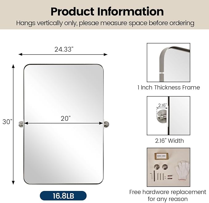 ANDY STAR 20"x30" Brushed Nickel Pivot Mirror for Bathroom, Silver Metal Frame Bathroom Mirrors for Wall，Rectangle Titling Vanity Wall Mirror with Rounded Corner Design Hangs Vertically Only