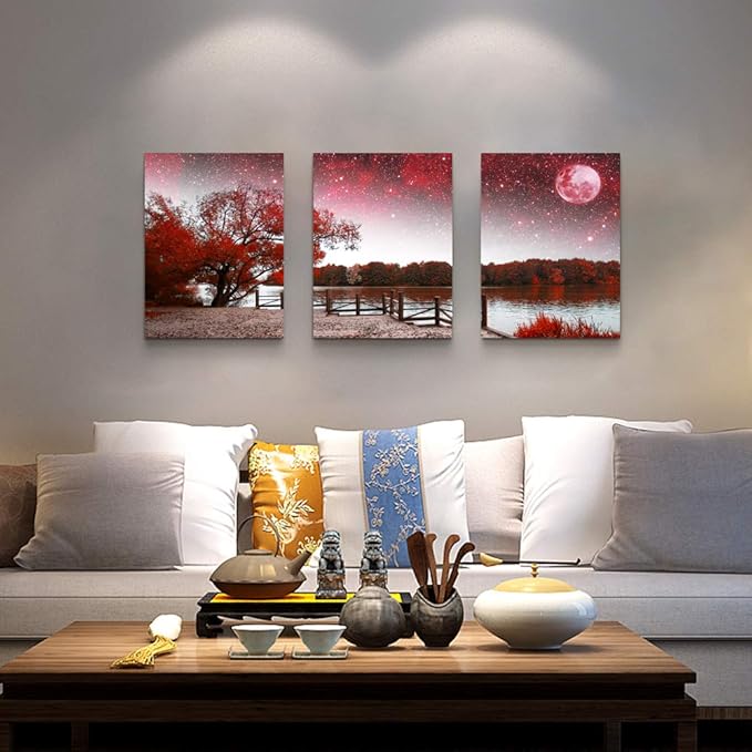 Wall Art Decor Poster Living Room abstract Red Tree Moon Starry Sky red Landscape Painting Bathroom Wall Art Bedroom Canvas Prints 3 Pieces Picture Works Ready to Hang Office Home decoration Artwork