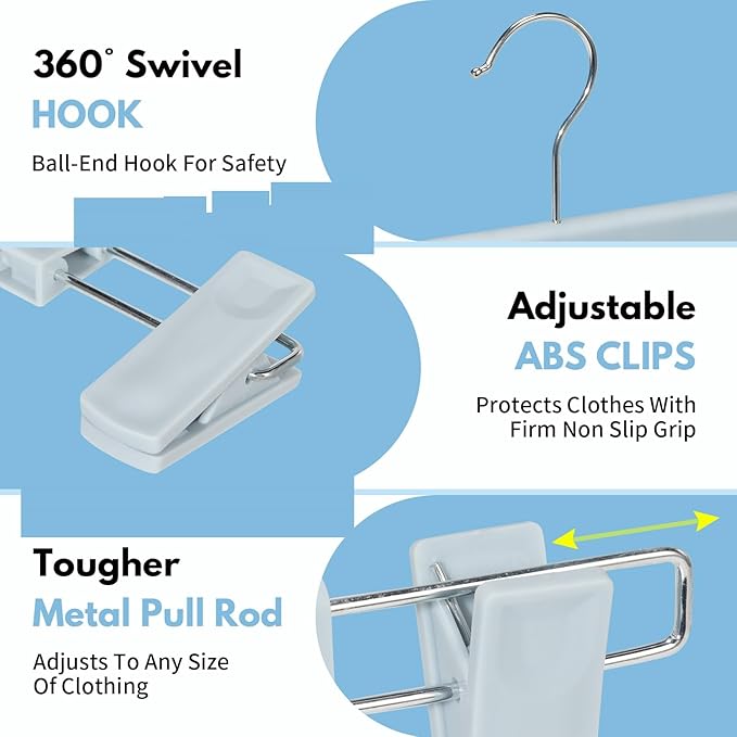 Skirt Hangers, Pants Hangers with Clips，360 ° Swivel Hooks Space Saving Hangers for Pants, Skirts, Clothes, Jeans (30 Pack, Light Blue)