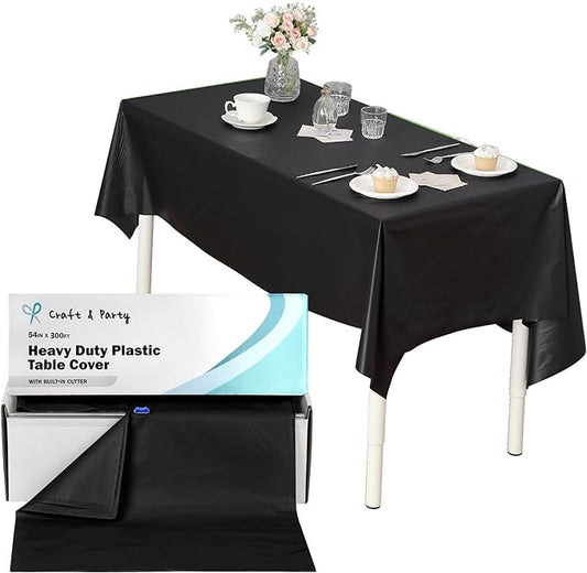 Craft And Party, 54 in x 300 feet Black Plastic Table Cover Roll for Party, Banquet, Picnic, Kids Activities for Any Size and Shape Table (Black, 54" x 300ft)