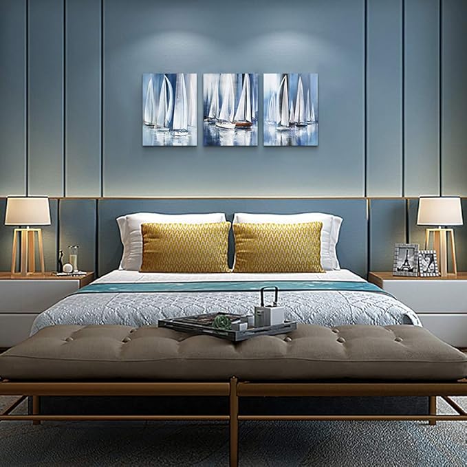 3 Piece Framed canvas wall art for living room bathroom bedroom Wall Art Decor Ocean landscape sailboat abstract Canvas painting Ready to Hang Office Home Decoration sea poster Pictures Wall Artworks