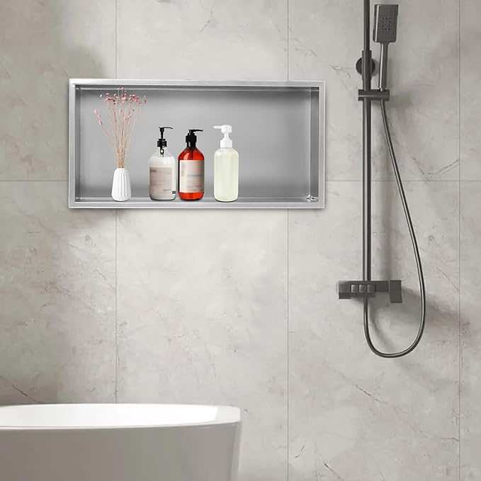 Stainless Steel Shower Niche, 12x24 Inch Recessed Shower Shelf, Wall Seamless Design with Angled Edges for Modern Bathroom Storage