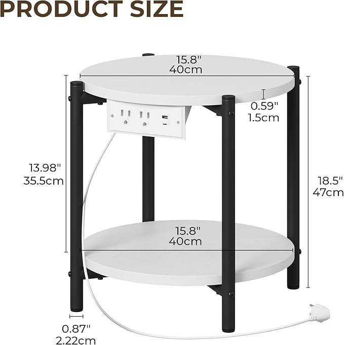 LIKIMIO Small Round End Tables Set of 2 with Charging Station, 2-Tier Wooden Side Tables, 15.8" W Modern Nightstands for Small Spaces, Living Room, Bedroom, White