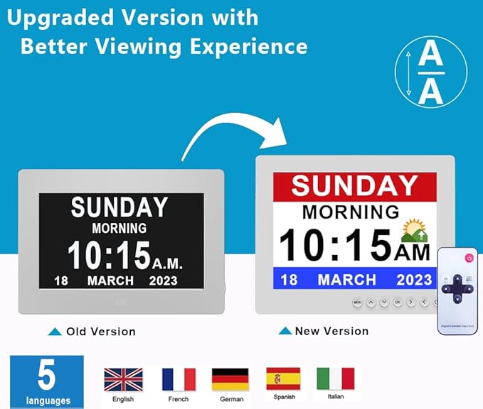 MASSII 8 Inch Extra Large Upgraded Dementia Clock 19 Alarms with Auto DST, 20 Custom Reminders,10-Level Auto Dimmer, 6 Display Modes, Digital Clock with Date and Time, 8" White with Remote