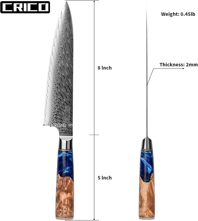 CRICO Damascus Chef Knife 8 inch, Professional Kitchen Knives with Sheath, Forged Japanese VG10 67-Layers Super Steel, Stable-Wood&Resin Handle, Razor Sharp, Gift Box - Flow Series