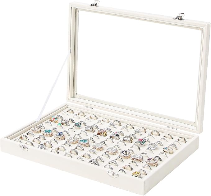 Coward Ring Organizer Jewelry Box, Beige Velvet 100 Slots Ring Display Tray Case with Transparent Glass Lid for Home Use or Store Selling Show