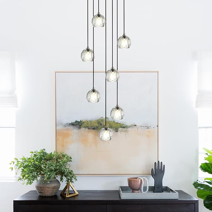 7 Lights Cluster Pendant Light, Brushed Black Modern Crystal Entryway Chandelier, High Ceiling Foyer Pendant Hanging Light Fixture for Staircase Dining Room