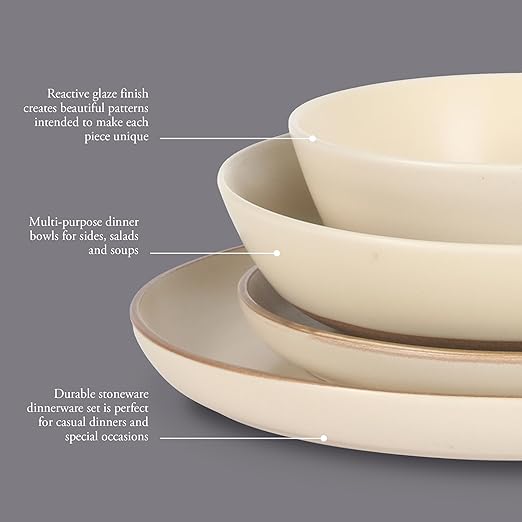 Gibson Elite Laguna Bliss 16 Piece Stoneware Reactive Glaze (Service for 4) Ceramic Plates and Bowls Dinnerware Set - Matte Cream White W/Terracotta Bottom