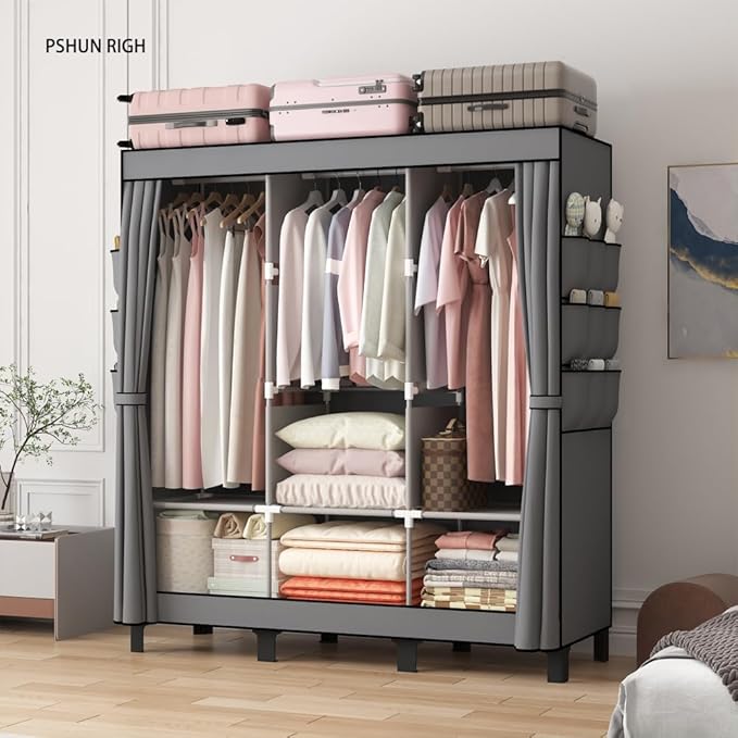 Portable Closet, Clothes Storage Box, Simple Wardrobe for Hanging Clothes, Multiple Shelves and 3 booms,6 Side Pockets (Grey) (Grey, Large)
