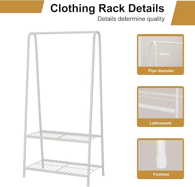 Buzowruil Metal Small Clothes Rack,Clothing Garment Rack with Double Layer Shelf for Clothes,Dress, Shoes,White