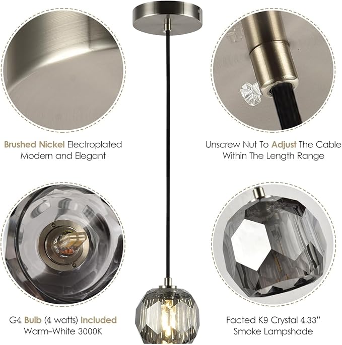 Modern Pendant Light, Small Brushed Nickel Crystal Pendant Light Fixture, Single Smoke Crystal Island Pendant Lighting for Kitchen Dining Room