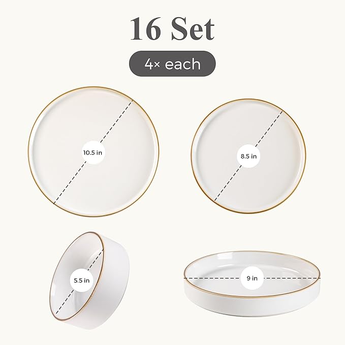 GBHOME Ceramic Dinnerware Sets With Double Bowl for 4, 16 Pieces Stoneware Plates and Bowls Set, Reactive Glaze Dishes -Scratch Resistant, Dishwasher&Microwave Safe-Pearl White