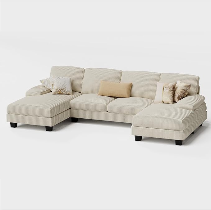 Furmax Sectional Couches for Living Room, U-Shaped Sofa Couch with Linen Fabric, 4 Seat Sofa Set with Double Chaise for Apartment (Corduroy, Beige)