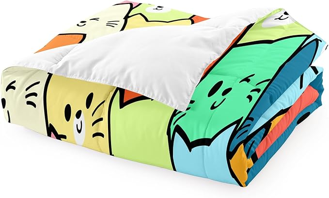 Cat Bedding Set Full Size - 3 Piece Cartoon Cat Comforter Set for Girls Boys Kids Bedroom Colorful Animals Print Home Bedding Decor for All Season Soft Warm 1 Cat Quilt Cover with 2 Pillowcases