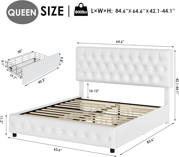 Keyluv Modern Upholstered Bed Frame with 4 Drawers, Button Tufted Headboard Design, Solid Wooden Slat Support, Easy Assembly, Queen Size, White