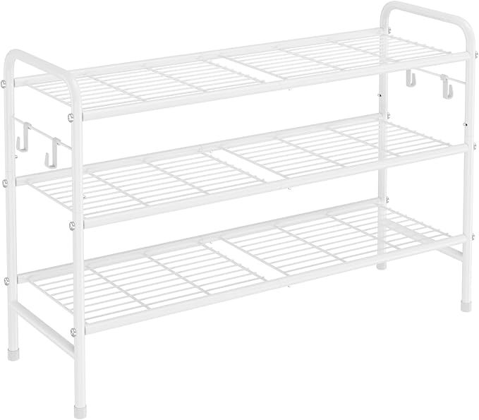 3 Tier Shoe Rack 33" Wide Metal Shoe Organizer Long Shoe Storage with 4 Side Hooks Sturdy Shoes Shelf for Front Door Entrance, Closet, Garage, Dorm, White