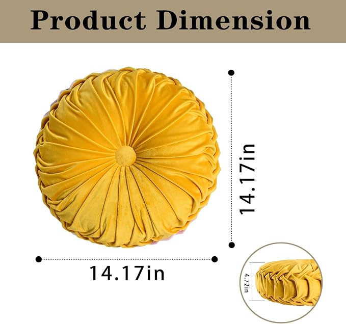 HIG Set of 2 Yellow Ruched Velvet Round Throw Pillows – 14.5’’ Decorative Pillows with Soft Polyester Filling for Couch, Bed, Living Room, Bedroom, or Dorm – Handmade, Stress Relieving, All-Season