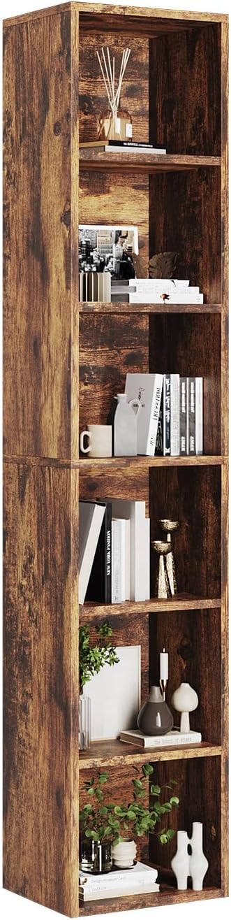 oneinmil 71.5" Tall Narrow Bookshelf, 6-Tier Cube Display Rack, Modern Corner Bookshelf with Storage Space, CD Storage Cabinet for Home Office (Brown 1 Pack, 6-Tier)