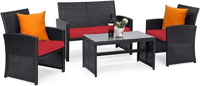Tangkula Patio Wicker Conversation Furniture Set, Patiojoy Sofa & Table Set w/4 Seats, Outdoor Rattan Sofa Set for Balcony Backyard, Wicker Chair Set with Tempered Glass Coffee Table (1, Red)
