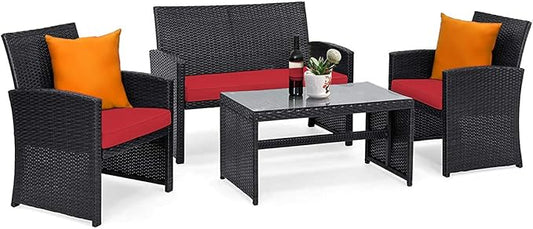 Tangkula Patio Wicker Conversation Furniture Set, Patiojoy Sofa & Table Set w/4 Seats, Outdoor Rattan Sofa Set for Balcony Backyard, Wicker Chair Set with Tempered Glass Coffee Table (1, Red)