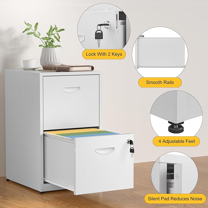 2 Drawer File Cabinet with Lock,White Metal Office Drawers Filing Cabinets for Home Office, Two Drawer Under Desk File Cabinet for Hanging Letter,Easy Assemble