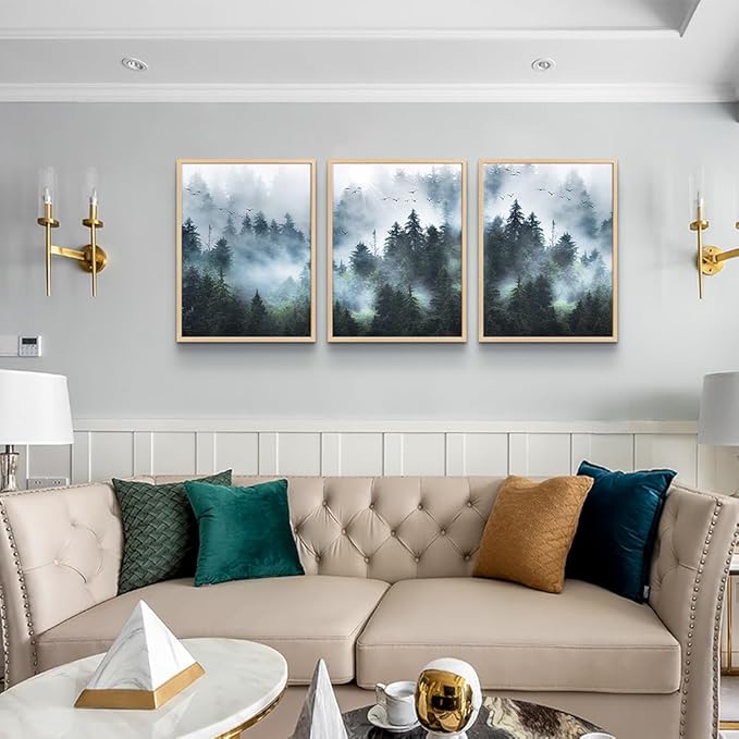 Natural Wood Framed Wall Art For Living Room Wall Decorations For Bedroom Office Wall Decor Foggy Forest Paintings Trees Landscape Wall Pictures Prints Artwork Large Size Home Decor of 3 Piece Art