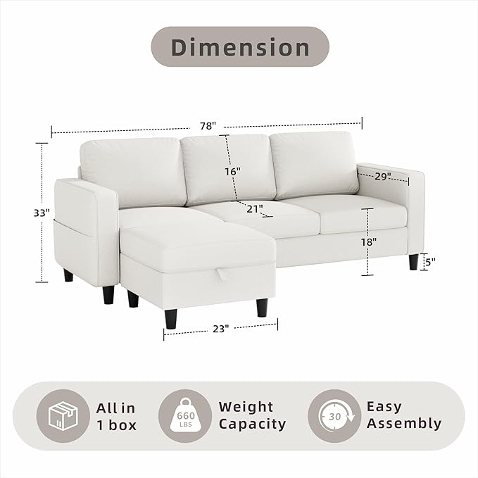 Sectional Sofa Couches for Living Room - Beige 3 Seat L-Shaped Couch with Storage Ottoman, Comfy Linen Convertible Sectionals Sofas with Chaise for Apartment, Office, Small Space