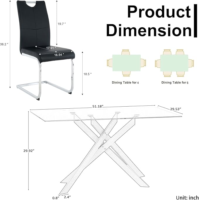 Goujxcy Modern Glass Dining Table Set for 4, Black Glass Kitchen Table and Chairs Set, 5 Piece Dining Room Table Set with 51" Rectangle Dinner Table and 4 Black Leather Dining Chairs