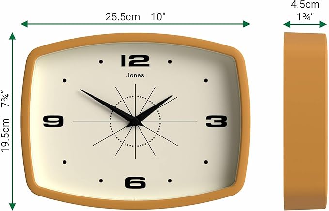 JONES CLOCKS® Movie Wall Clock | Rectangular Retro Clock | 10 inch | Mustard Yellow | Cool mid-Century Designer Look for Kitchen, Living Room or Office