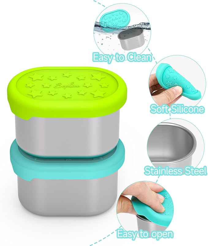 SOPHICO Stainless Steel Snack Containers for Kids, 3 oz Small Food Storage Container with Silicone Lid - Perfect 304 Metal Toddler Lunch Box for Daycare and School, Leak Proof (3oz, 6 PACK)