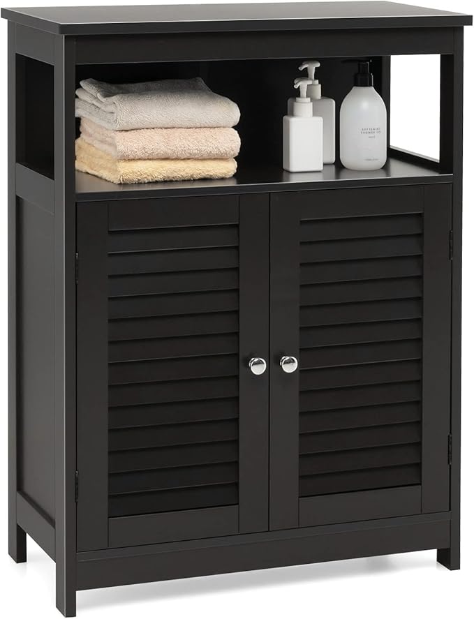 Tangkula Bathroom Floor Cabinet, Wooden Freestanding Storage Cabinet with Double Shutter Door & Adjustable Shelf, Storage Cabinet for Bathroom Living Room (Black)