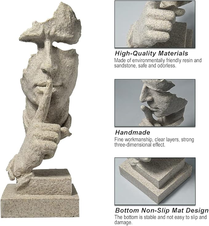 fazhongfa Thinker Statue - Silence is Gold Modern Decor Creative Abstract Art Figurine Resin Sculptures Decoration Room Home Study Office for Men Desktop Ornament (Sandstone)