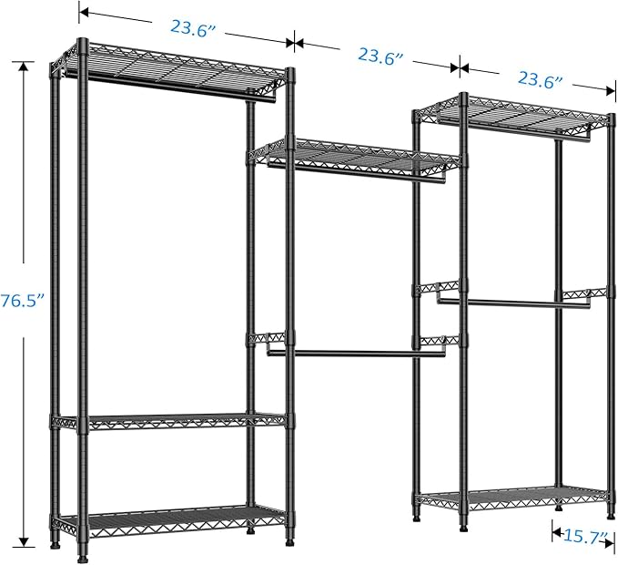 IZEUK Heavy Duty Garment Rack, Wardrobe Combination and Tall Dresser with Hanging Rack for Clothes with 5 Rods, Freestanding Adjustable Metal Closet Organizer, 15.7" D x 70.8" W x 76.5" H, Black