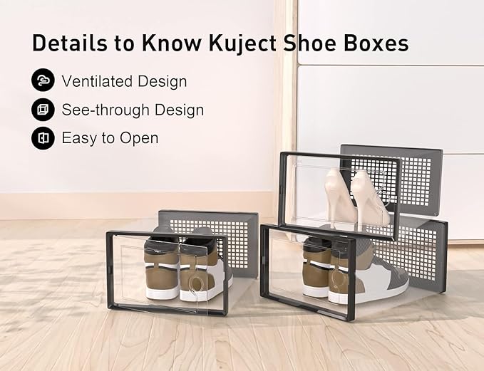 Kuject XX-Large Shoe Storage Boxes Organizers Clear Plastic Stackable 12 Pack, Shoe Rack & Holder Substitute, Sneaker Containers, Toy Storage Organizer Bins for Entryway, Closet, Under Bed, Black