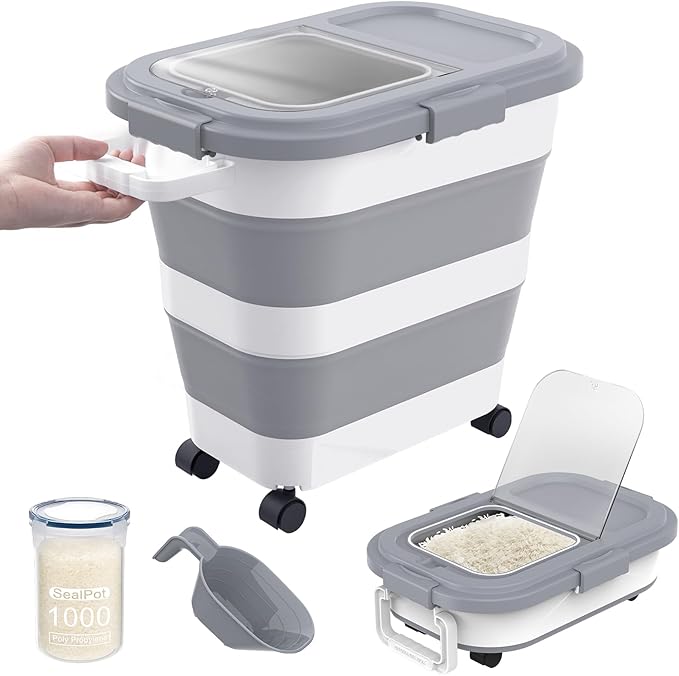 30-40Lbs Rice Container,Collapsible Airtight Food Storage Containers with Wheels,Handle,Rice Storage Container with Small Bin and Scoop,Rice Dispenser for Flour Sugar Cereal Grain Dog Cat