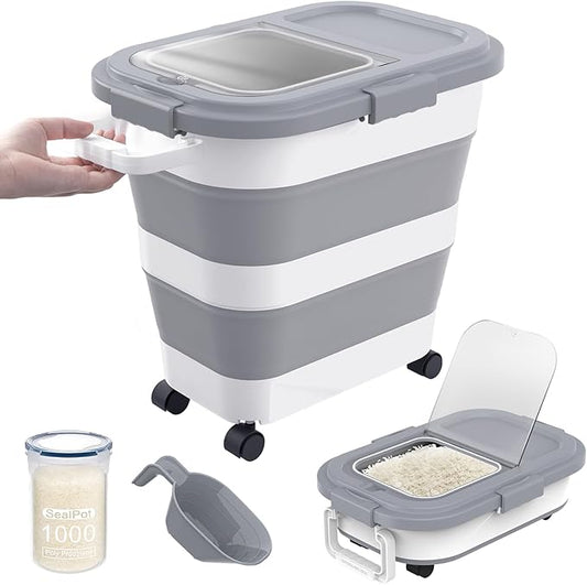 30-40Lbs Rice Container,Collapsible Airtight Food Storage Containers with Wheels,Handle,Rice Storage Container with Small Bin and Scoop,Rice Dispenser for Flour Sugar Cereal Grain Dog Cat