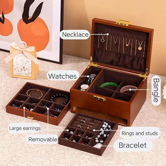 Bescott 3 Layer Solid Wooden Jewelry Box for Women Real Wood Vintage Jewelry Organizer Storage for Earrings Rings Necklaces Bracelet Watch Men
