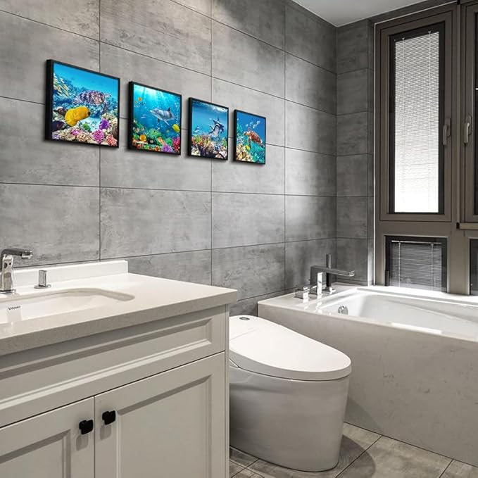 Set Of 4 Piece Black Framed Wall Art For Living Room Family Bedroom Wall Pictures Artwork Bathroom Wall Decor Coral Sea Fish And Turtles Blue Ocean Theme Painting Ready to Hang Modern Home Decor