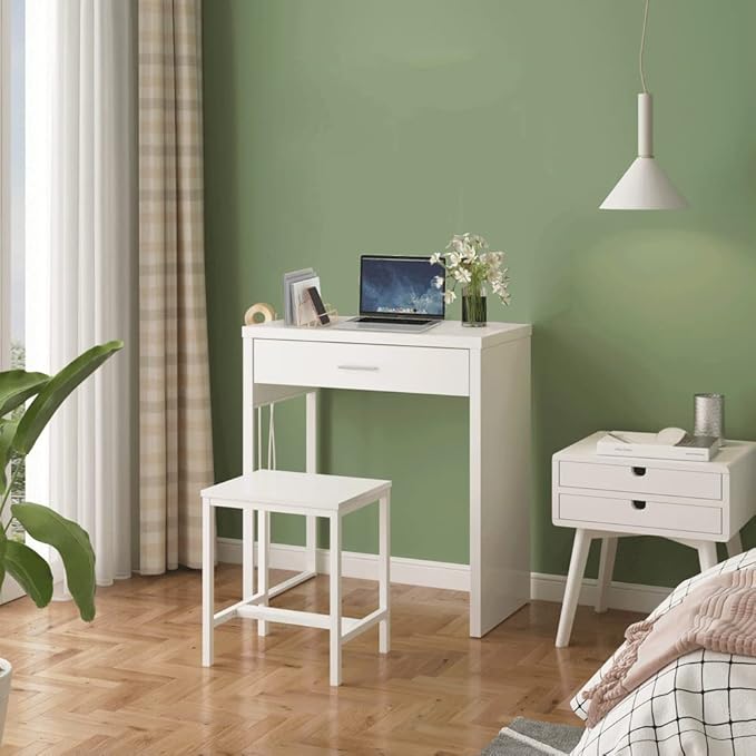 Makeup Vanity Desk with Mirror and Lights, Small Vanity Table and Chair Set,White Makeup Table with 10 LED Lights,Dressing Table for Bedroom,27.6in(L)