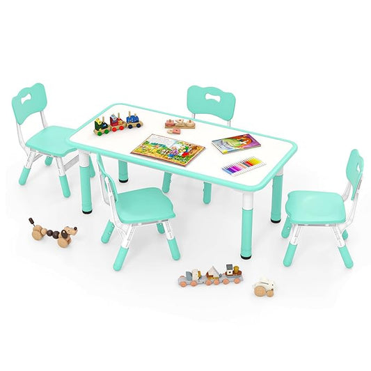 INFANS Kids Table and Chiar Set, Height Adjustable Toddler Desk and 4 Chairs with Graffiti Desktop Non-Slip Legs, Large 47" L x 23.5" W Multi-Activity Art Table for Daycare Classroom Home (Green)