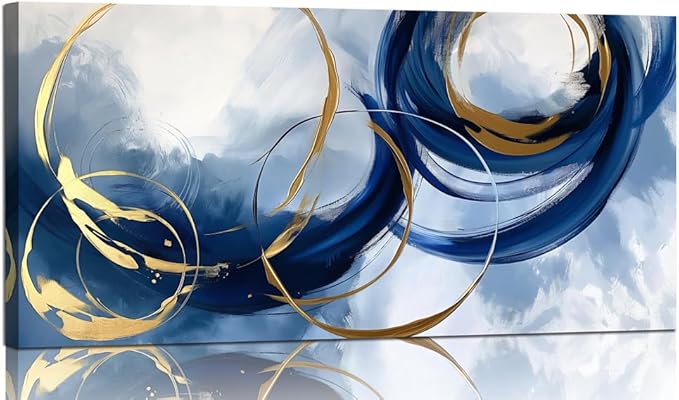 Abstract Wall Art Nave Blue Modern Canvas Pictures Art Print Gold Contemporary Artwork Painting Decor for Living Room Bedroom Home Office Decorations(20"x40")
